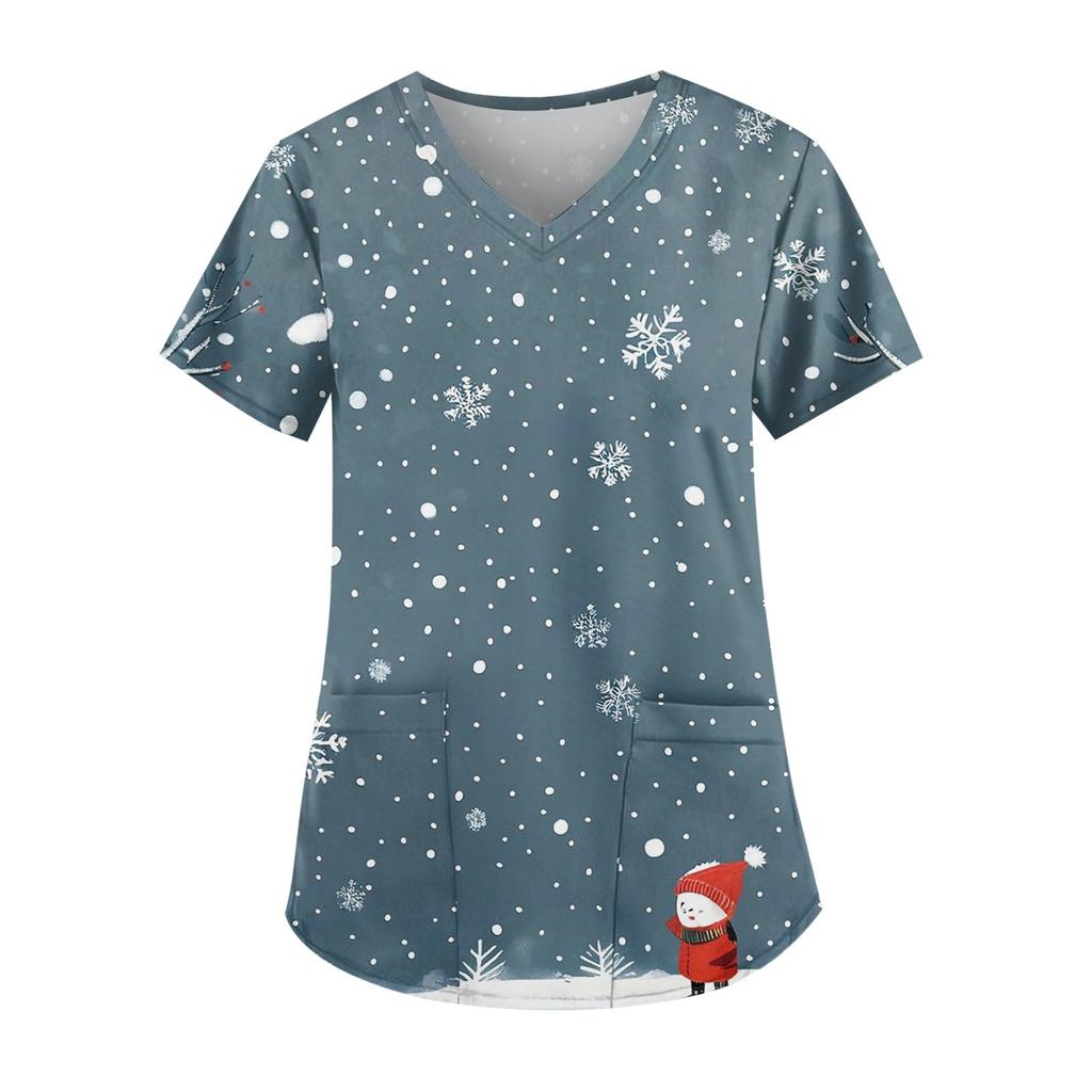Women's Fashion V-Neck Short Sleeve Workwear With Pocket Christmas Printed Top