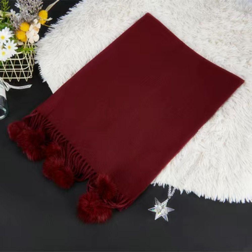 Oversized Rabbit Fur Pom Pom Scarf Solid Color Oversized Pashmina Poncho Outdoor Wear