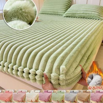 3PCS/1Set (1xSheet+2xPillowcases)Winter Warm Velvet Mattress Cover Plush Thicken Home Fitted Sheet Fleece Luxury Double Bed Bedsheet
