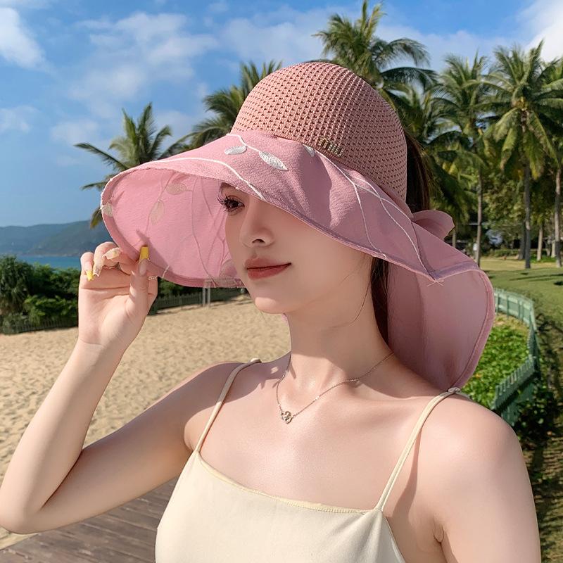 Sommar utomhus stor skärm solskyddshatt UV-skydd tom topphatt barn rosett sjal hinkhatt