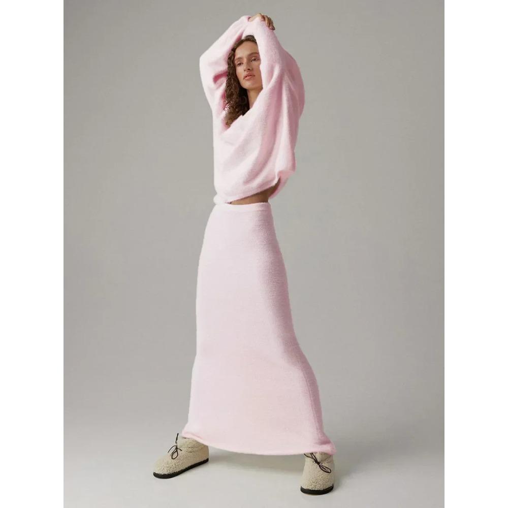 

Autumn Winter Thick Women s Knitted V-neck Sweater+Skirt Sets Casual Sweater Warm Fashion Skirt Pullover 2-Pieces Sets L рожевий