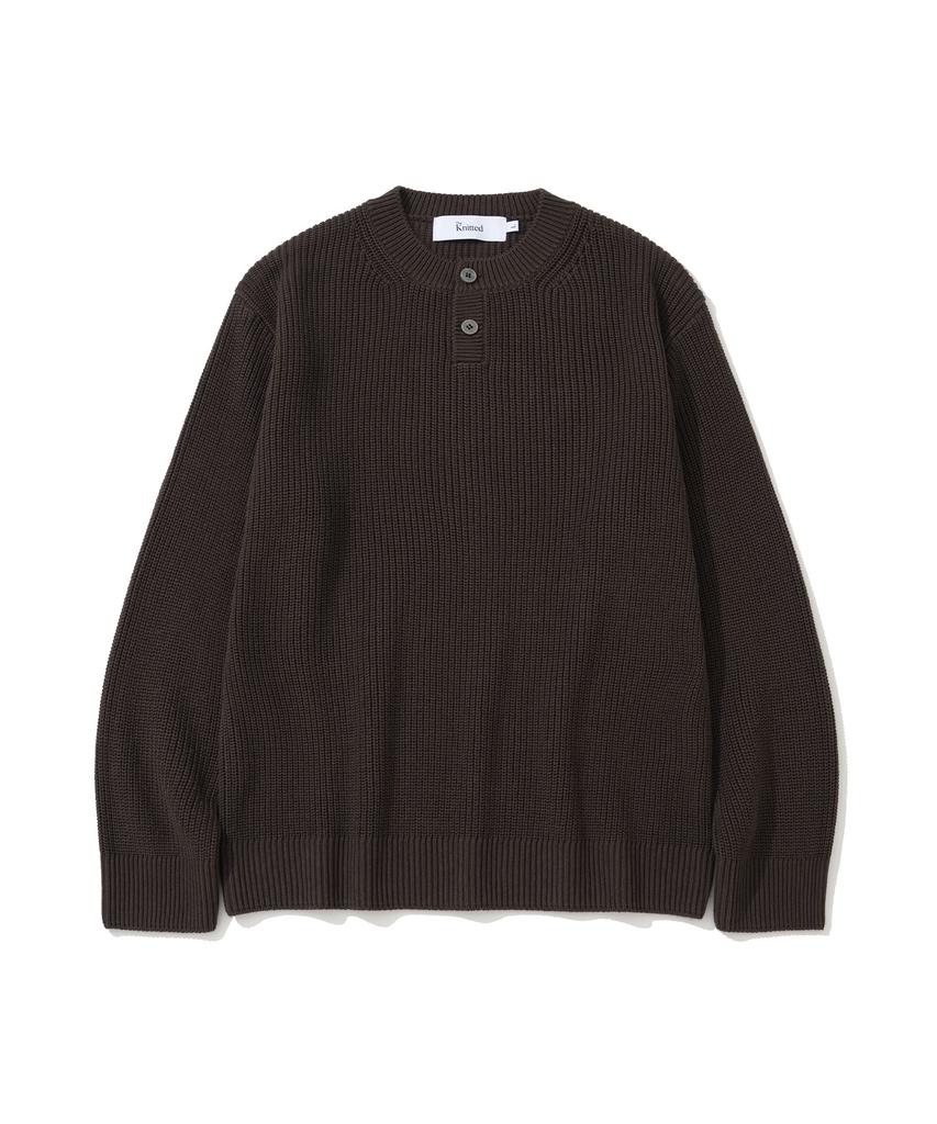 KNITTED Cotton Henley Neck Waffle Knit Brown