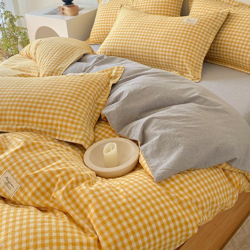 Unbedrucktes, vierteiliges, dreiteiliges, gewaschenes Bettbezug-Bettwäscheset im japanischen Stil mit kariertem Bettbezug