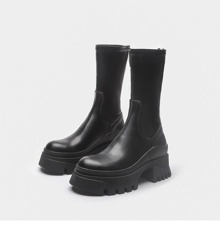 Chelsea Boots Women Ankle Boots Chunky Sole Slip On Long Boots Genuine Leather Black Short Boots Feminina Platform Shoes