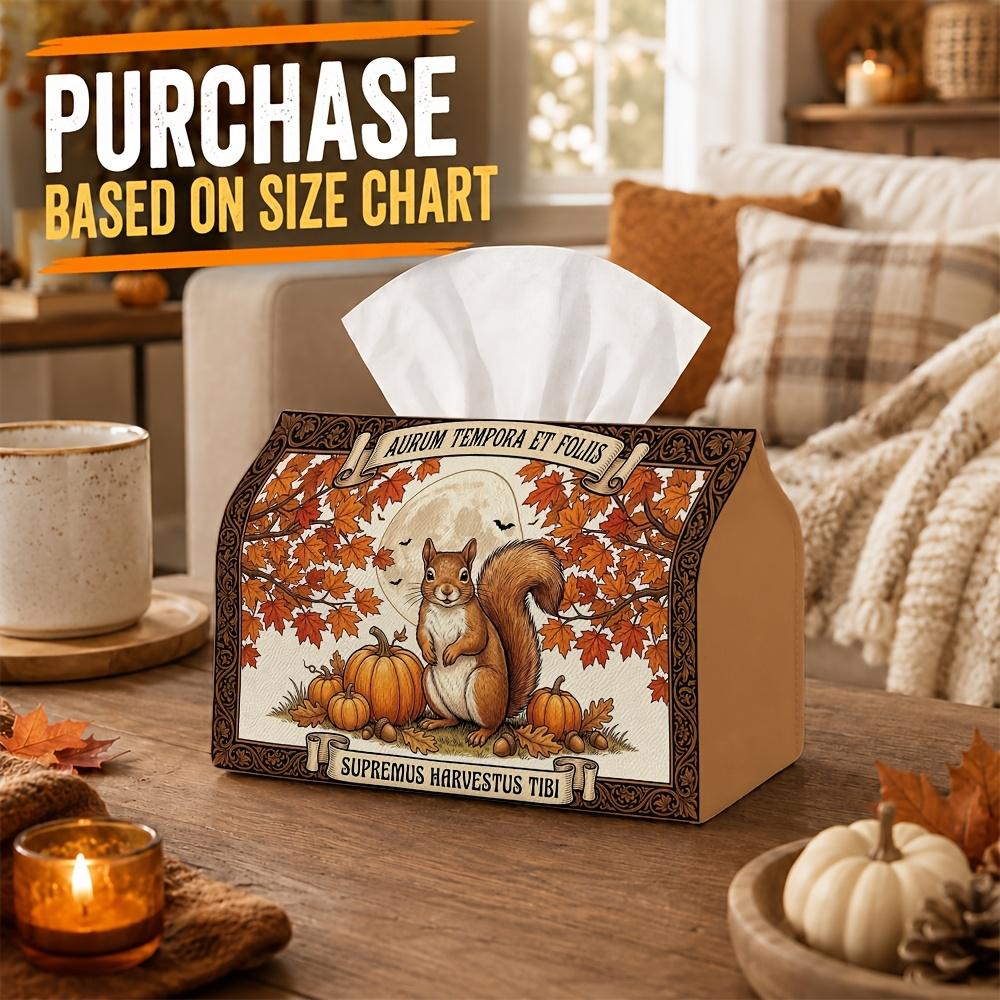 1pc Vintage Woodland Autumn Tissue Box with Squirrel & Pumpkin Night Scene - Durable Napkin Holder Suitable for Car, Kitchen, Tabletop Decor, Fall Tha