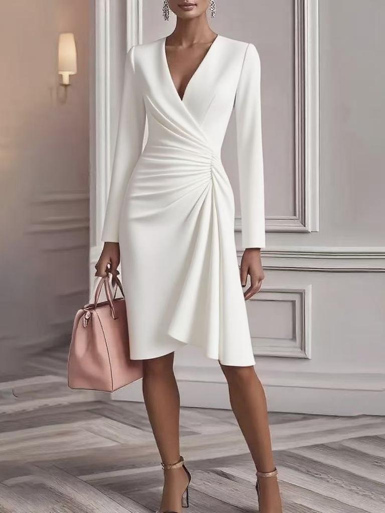 New Sexy Slim Fit Bodycon Dress Long Sleeve V-Neck Pleated Design Women's Dress