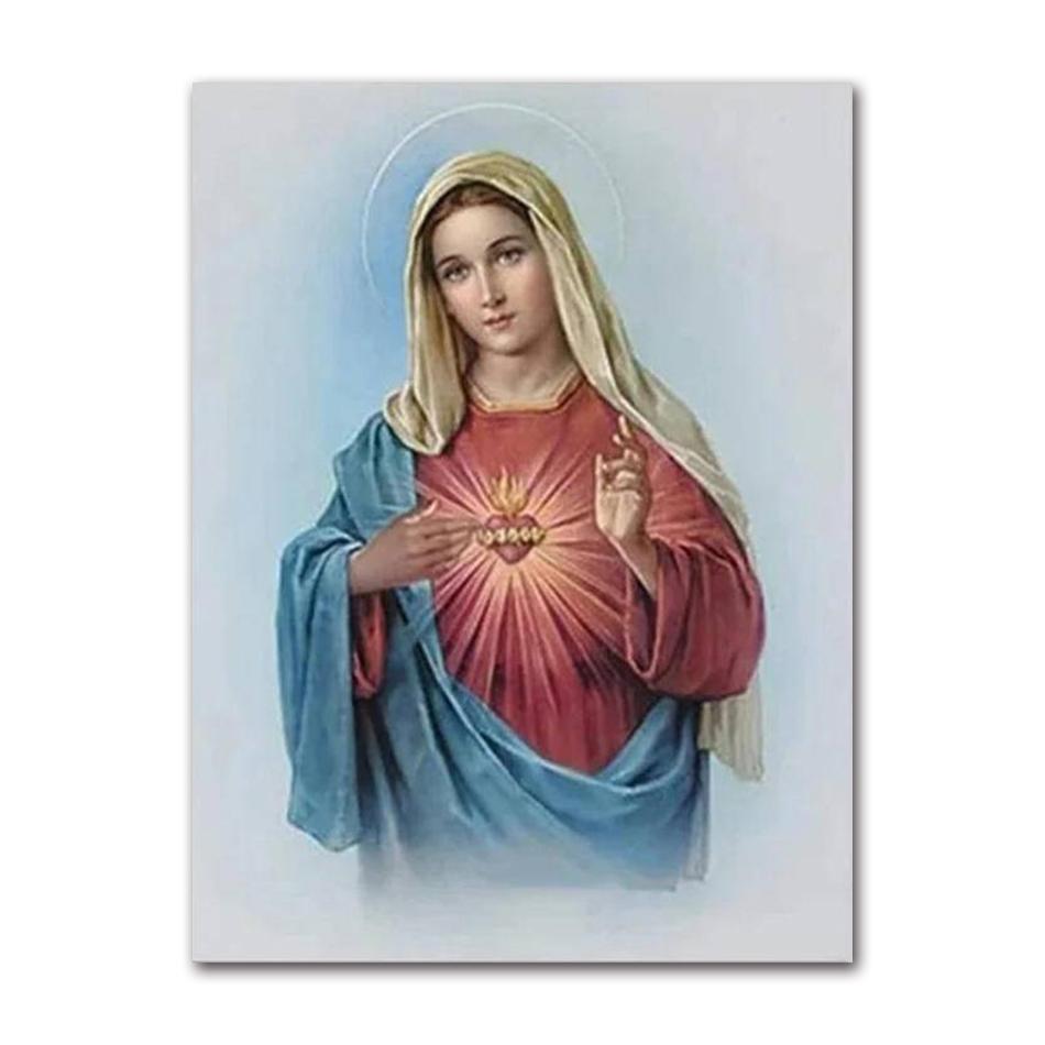 Art Print Mary Religious Canvas Painting Abstract Christian Wall Decor for Home Vintage Sacred Heart of Jesus