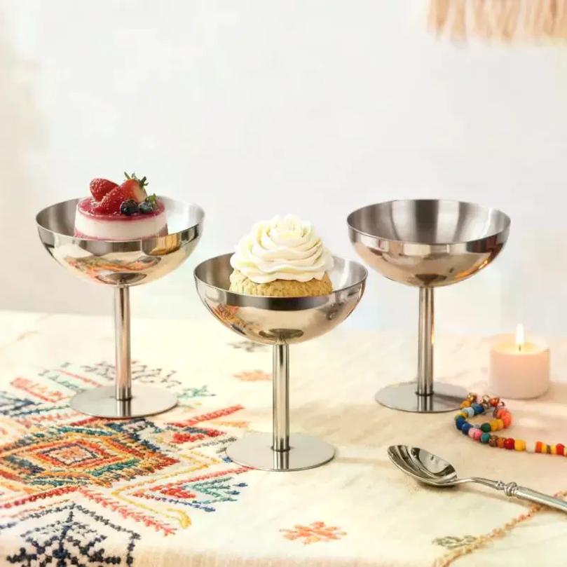 New Ice Cream Footed Bowls Stainless Steel Reusable Dessert Cups Set For Sundae Fruit Snack Party Dessert Bowl Round Yogurt Cup