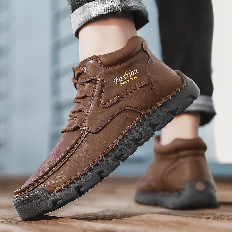 New Mens Ankle Boots High Quality Leather Warm Boots Comfortable Retro Outdoor Boots Lace Up Hiking Sneakers Men Casual Shoes