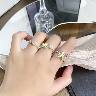 Butterfly Opening Ring Yellow Enamel Bow Light Luxury High Sense Unique Artistic Sense Student Party Ring