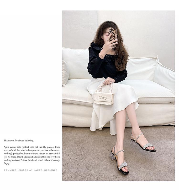 Sandale cu toc mediu și strasuri pentru femei, stil coreean - Papuci de modă Fairy 2024