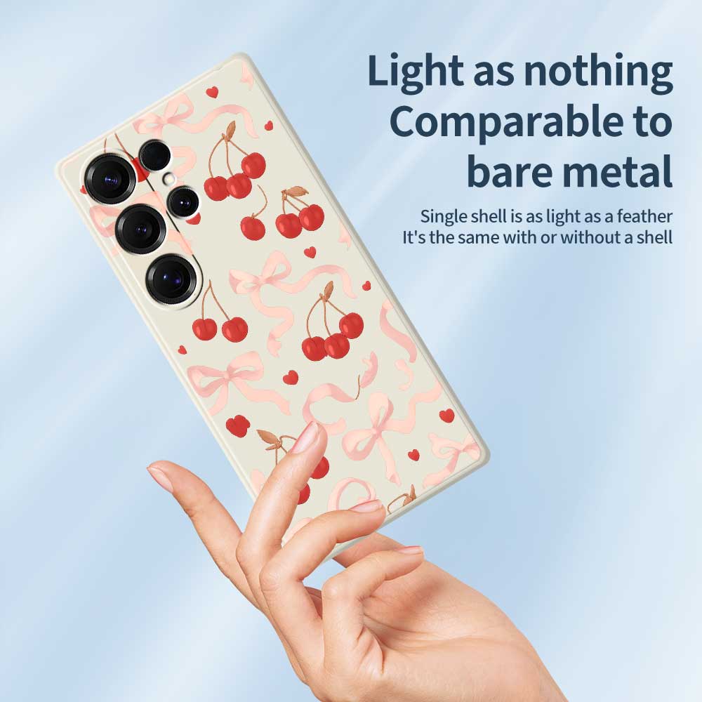 For Samsung Galaxy S25 Ultra Case Big Bow Cherry Pattern Printing Straight Edge TPU Phone Back Cover