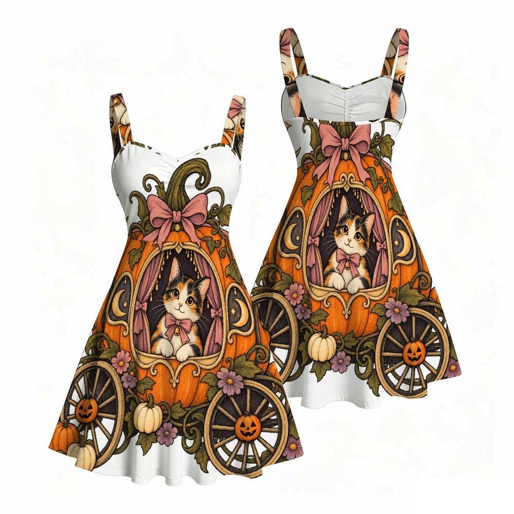 Women Plus Size Sleeveless Strappy Square Neck Halloween Western Pumpkin Printed White Flare Dress