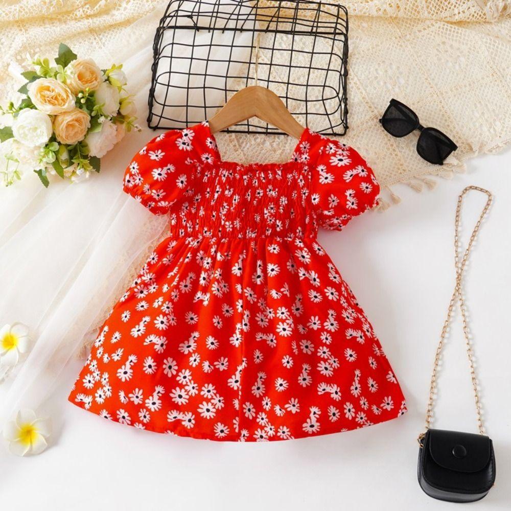 Square Collar Summer Flower Dress Party Toddle Dress Elegant Baby Girls Princess Dress  Holiday