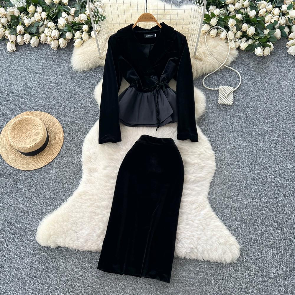 

Осень Зима Женский Винтажный Стиль Хепберн Черный Бархат Деловые Наряды Блейзер Воротник Топы Блуза и Облегающая Юбка-Карандаш Офисная Работа Комплект из Двух Предметов XL