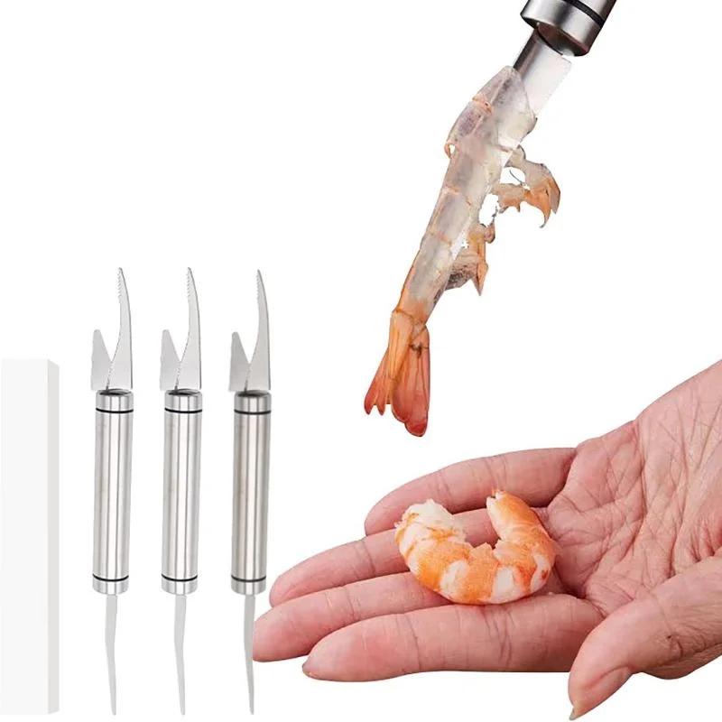 3 SZTUKI 5 w 1 Nóż do czyszczenia krewetek i błony rybnej - Planer do łusek ryb ze stali nierdzewnej, Dwurzędowy nóż do czyszczenia krewetek, Narzędzie do usuwania żyłek krewetek
