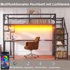 Metal Loft Bed 140 X 200 Cm with Storage Ladder and Simple Wardrobe, with Shelf, Table and Mesh Shelf, with Light Strip Socket, Black, SKU LDB00433AAB