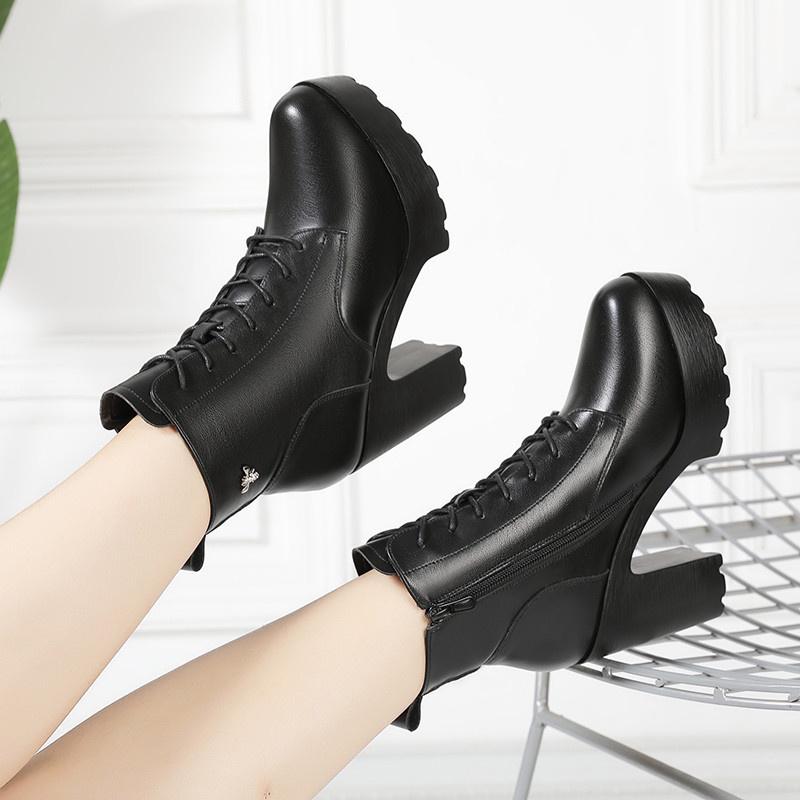 Autumn Winter Fashion Warm Block High Heels Cotton Shoes With Fur Platform Boots Thick Bottom Office Model Snow Ankle Boots