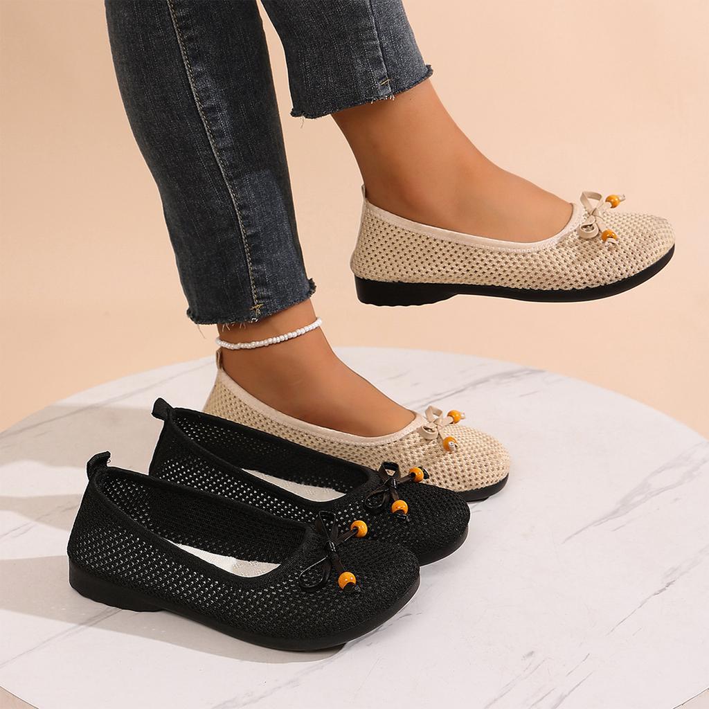 Womens Vintage Suede Bow Round Toe Low Cut Ballet Flats Slip On Casual Shoes with Soft Sole Lightweight Design