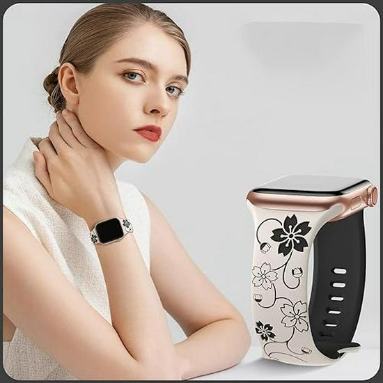 Compatible with Apple Watch: Laser Engraved Two-Color Floral Butterfly Silicone Strap with 3D Design