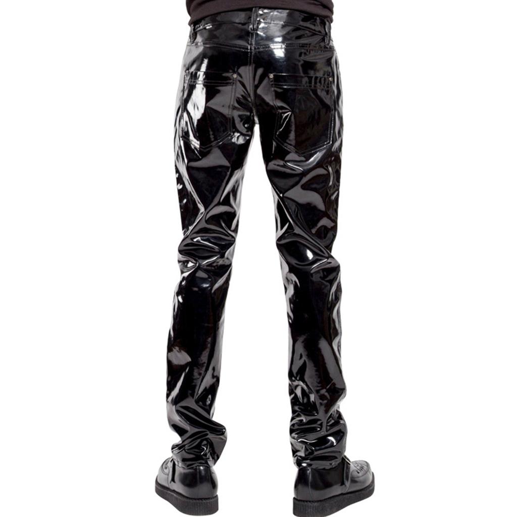 Pantalon Homme Aspect Mouillé Brillant Cuir Verni Taille Moyenne Jambe Droite Pantalon de Performance de Scène de Boîte de Nuit