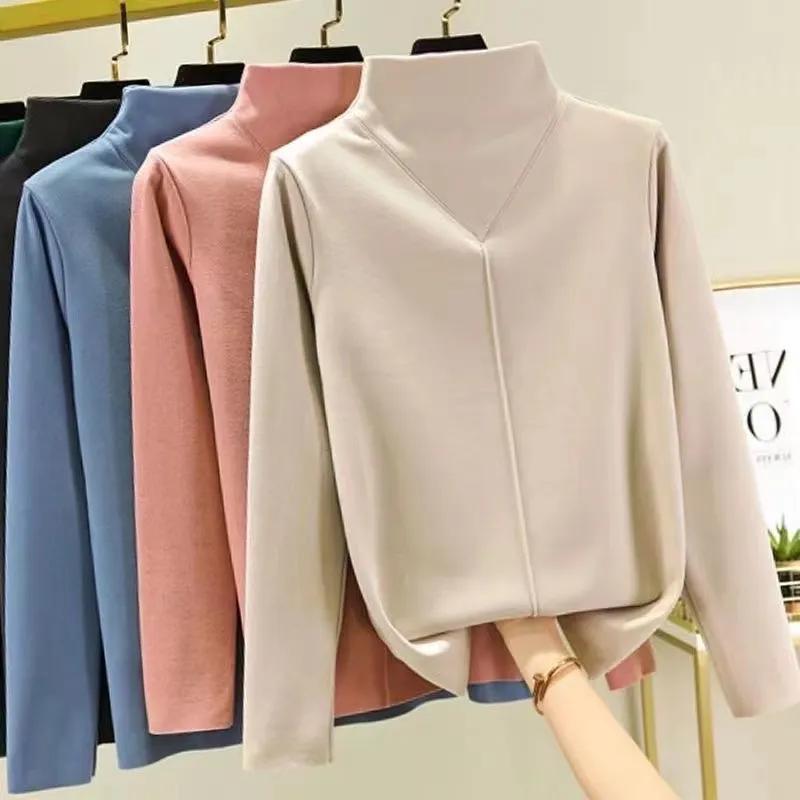 Autumn Winter Women's Velvet Half-High Collar Slim Long-Sleeve Thick Heat Storage Top