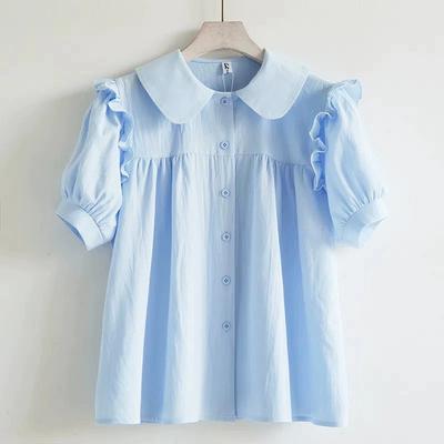 Girls' Summer Dress Shirt, Big Children's Doll Collar, Summer Children's Sweet Pure Cotton Short Sleeved Shirt with Fungus Edge