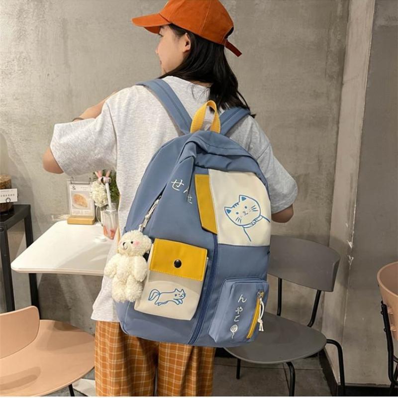 Hundreds of Simple Junior High School Students Schoolbag Large Capacity Primary School Students Schoolbag Cute Cat Pattern