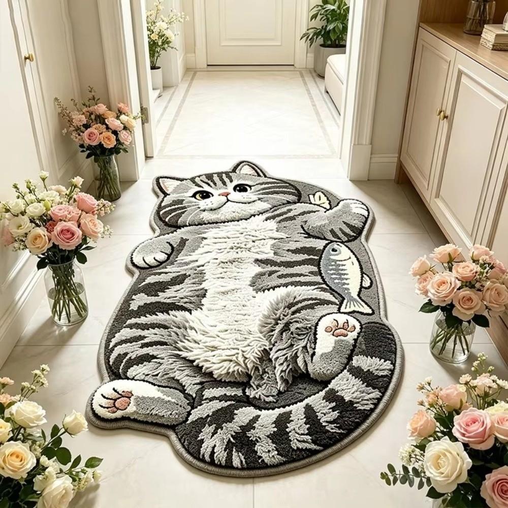 Rutschfester Heimdekor-Teppich Leicht zu reinigen Cartoon-Teppich Hochwertiger Katzenförmiger Läufer Schlafzimmer