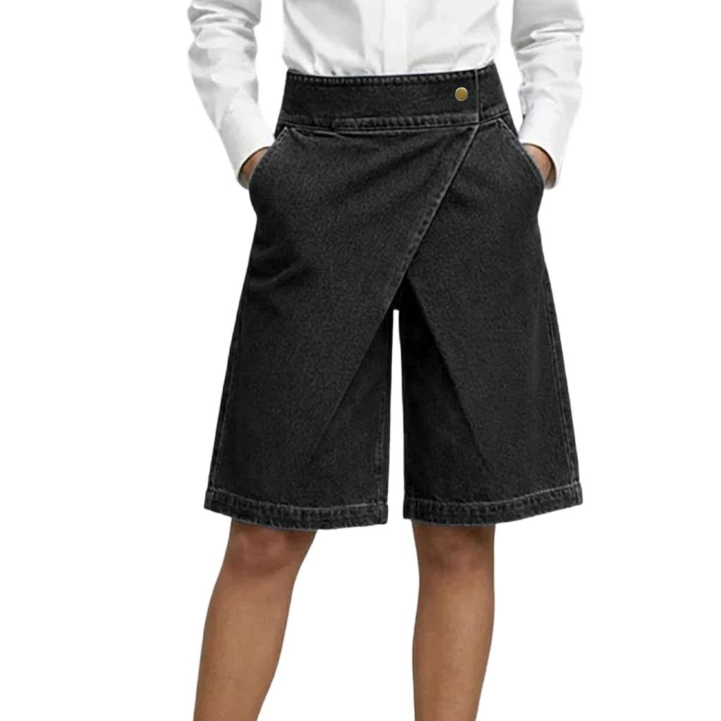 Womens High Waist Denim Bermuda Shorts Asymmetrical Front Wrap Design Knee Length Relaxed Fit Casual Shorts with Pockets