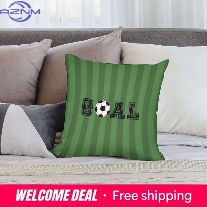 1Pc Sports Football Soccer Pillow Cover, Polyester 2D Double Sided Print Cushion Case, Green Striped "Goal" Throw Pillowcase, Gr