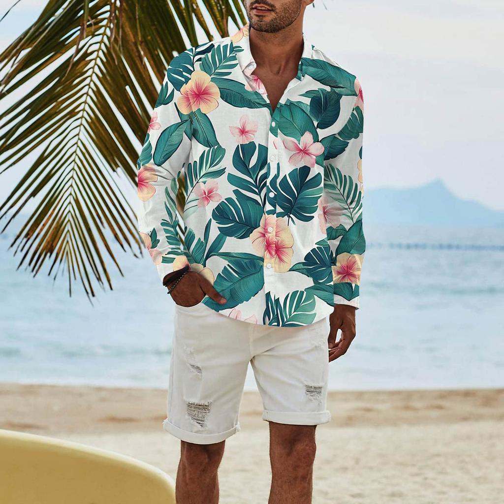 Mote Langermet Trykket Casual T-skjorte med Knapper Regular Fit Skjorte Topp for Menn