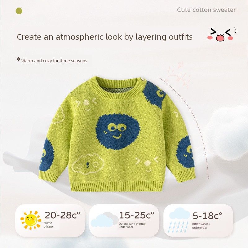 Fruit Green Emoticon Pattern Sweater for Boys and Girls, Autumn and Winter Children's Clothing, Thickened Children's Knitwear, Boys' Pullover Top