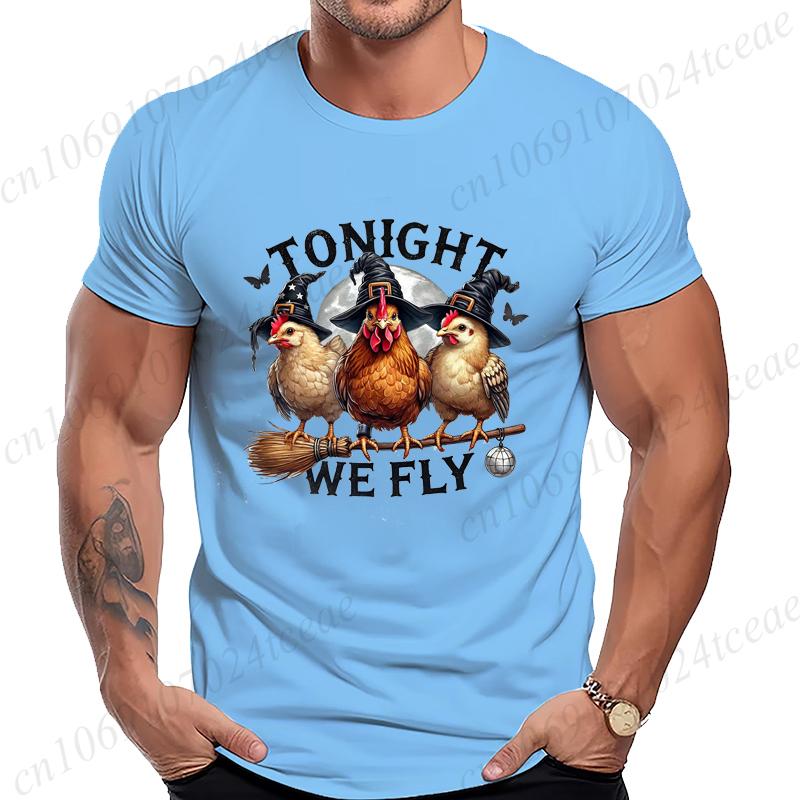 Halloween Tonight We Fly TShirt for Women Men Chicken Witches Hat Funny Casual TShirt Spooky Witch Men TShirts Clothing Tops