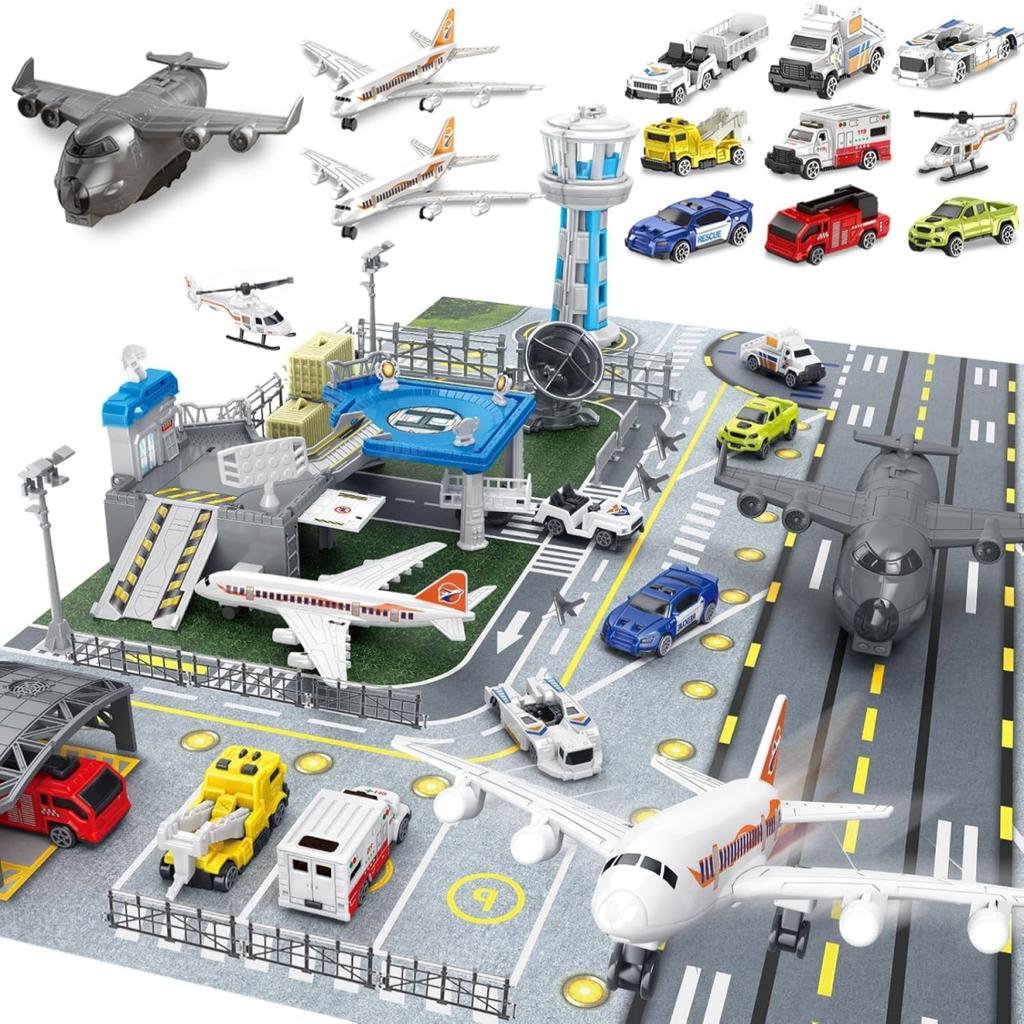 Children's Airport Scene Toy Set with Map, Control Tower, Parking Shed, Containers, Transport Aircraft, Passenger Planes, and Other Vehicles. Suitable