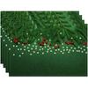 4pc S Festive Green Christmas Placemats with Pine Branches, Snowflakes, and Red Berries Polyester 12x18 Inches