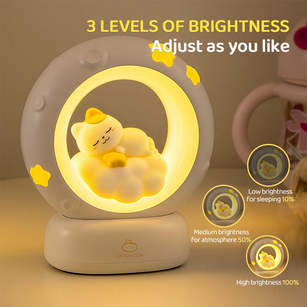 Veilleuse Chat Mignon Dessin Animé Créatif Décoration d'Ambiance Ornements pour Chambre d'Enfant Chevet Rechargeable Lumières LED Douces Cadeau