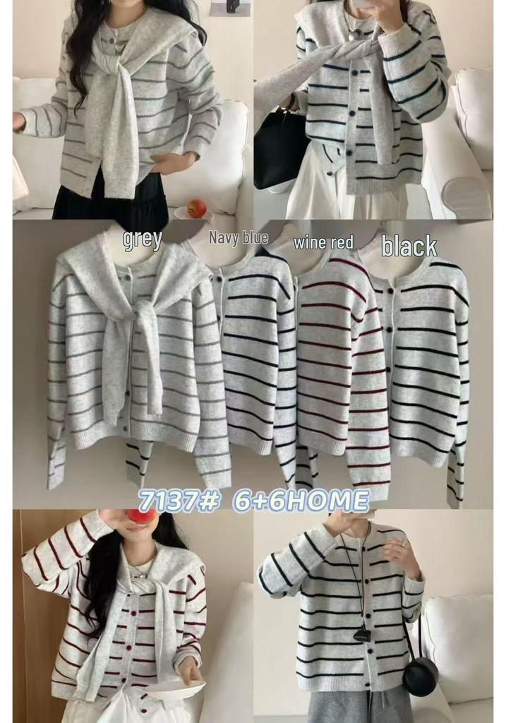 2025 Autumn Women's Korean Style Striped Jacket & Long Sleeve Sweater Two-Piece Set