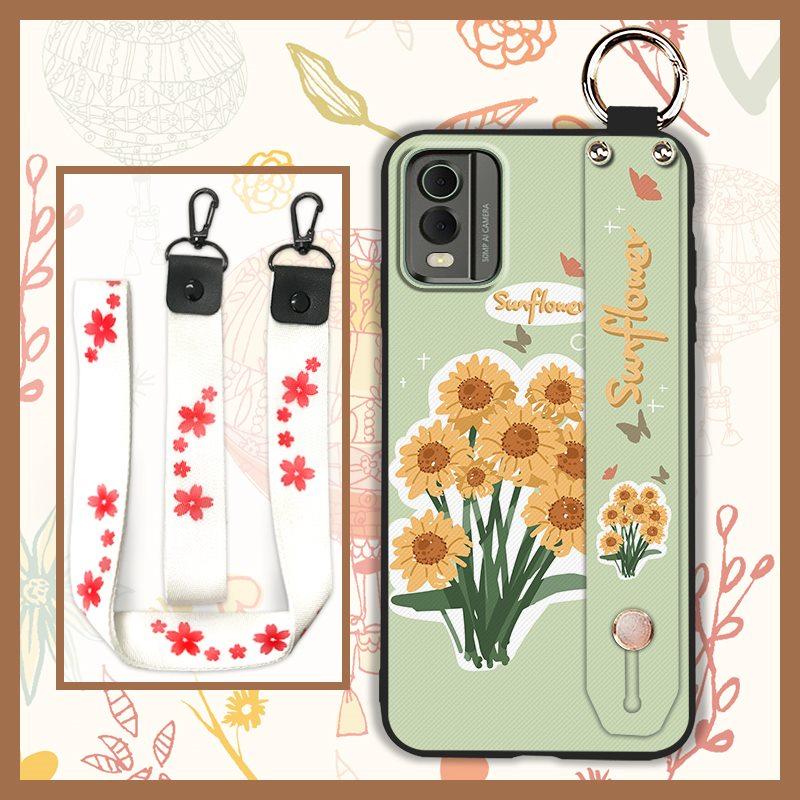 Waterproof Back Cover Phone Case For Nokia C32 Anti-dust Flower Kickstand Wrist Strap Phone Holder Shockproof Wristband