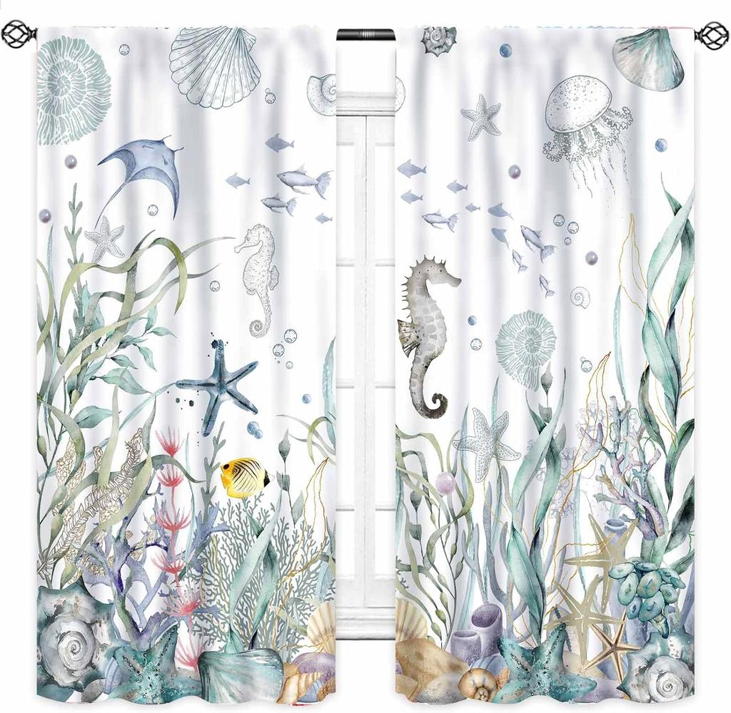 Watercolor Ocean Sea Life Seahorse Starfish Shell Print Window Curtain For Bathroom Bedroom Decor