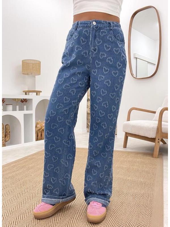 

2025 Women s Heart Crochet Washed Straight-Leg Jeans - Autumn/Winter Casual Comfort Large синий