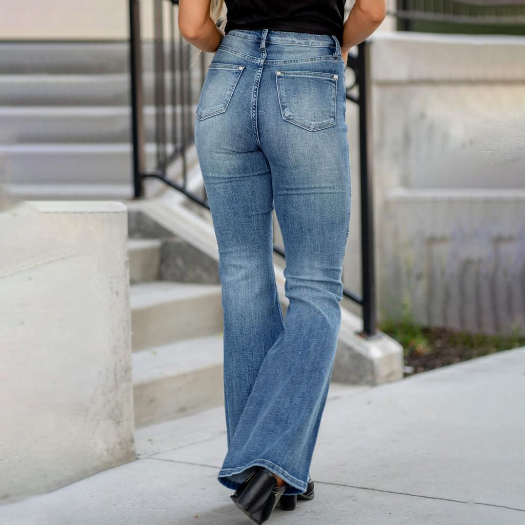 Women's Mid- Stretch Jeans Fashion Straight Leg Denim Pants With Pockets