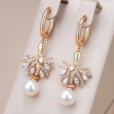 Fashion Pearl Flower Drop Earrings For Women  Rose Gold Color Natural Zircon Accessories Ethnic Daily Fine Jewelry
