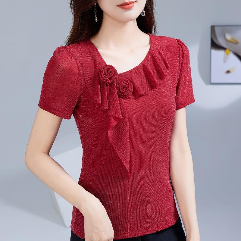 Neuer Stil Sommerstil Schrägkragenspitze Gazehemd Rüschenblumen Kurzarm-T-Shirt für Damen