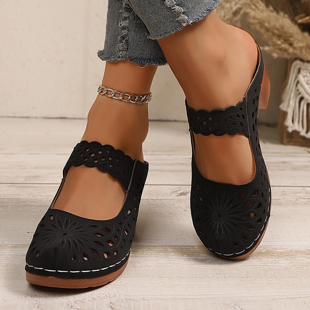 Summer Women's High-heeled Sandals,Elegant Retro Hollow Out Breathable, European and American Style Round Toe Thick Heel Sandals