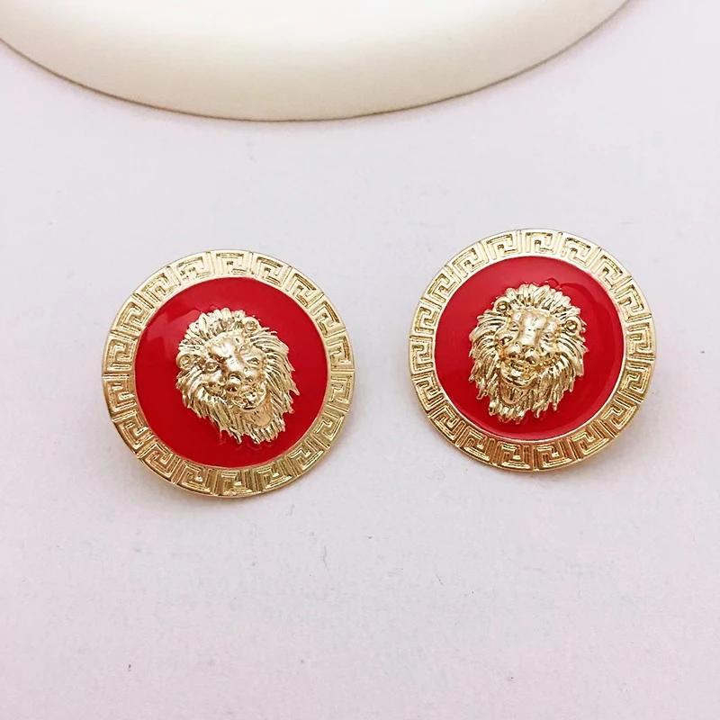 Embossed Pattern Enamel Lion Head Stud Earring for Women Round Earrings Post Hip Hop Exaggerated Earring Jewelry