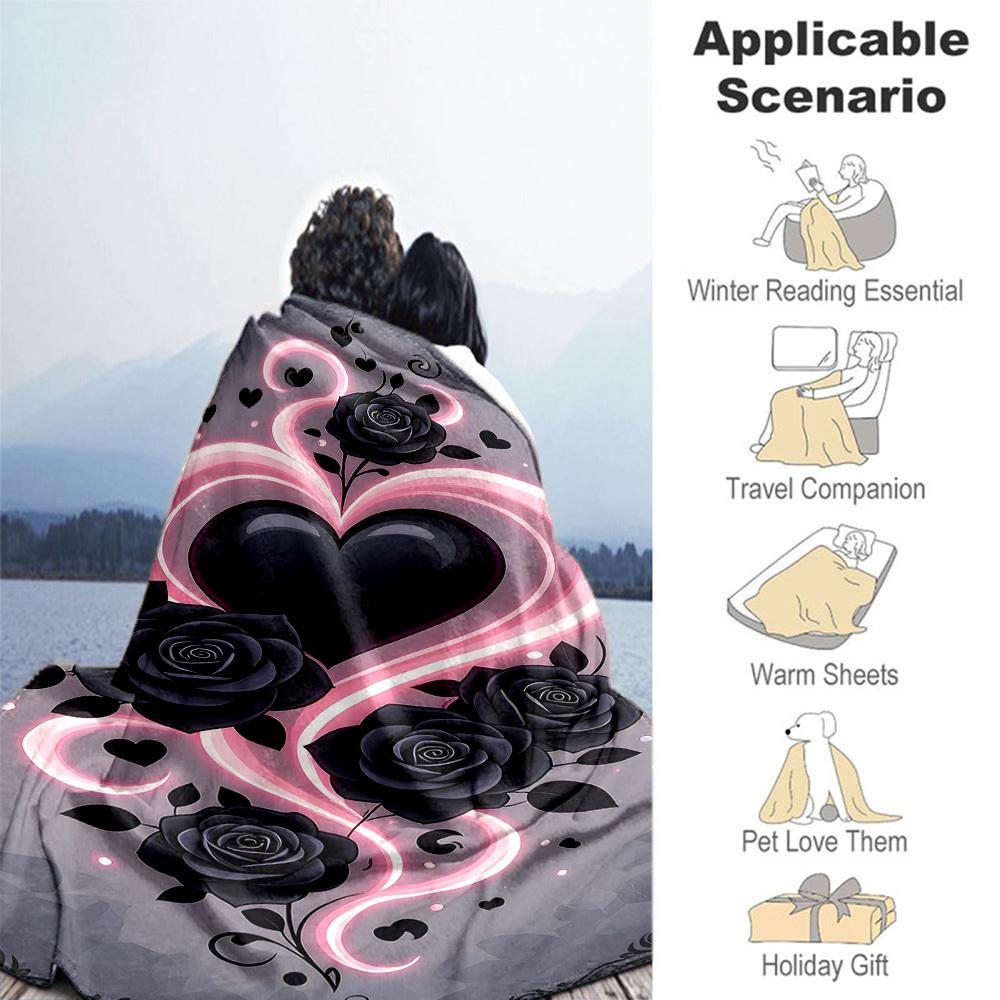 1pc Heart Roses Outdoor Flannel Blanket Soft Warm All-Season Throw for Sofa Bed Car Camping Office, Cozy Gift Idea1275S