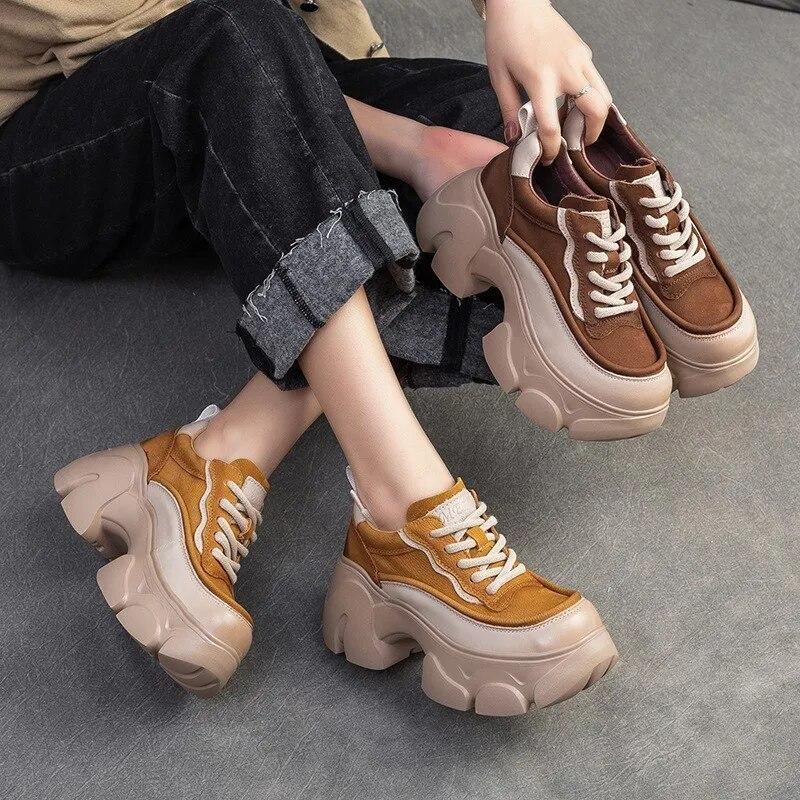 Johnature Thick Soled Heightening Pumps Genuine Leather Lace-up Versatile Retro Women's Platform Shoes