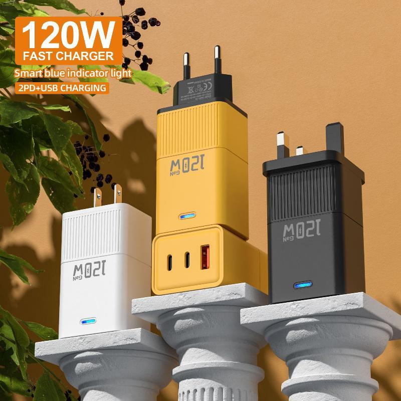 120W GaN Wall Charger Fast Charging Multi Port 2 PD 1 USB Adapter Portable for Travel Home Office Use