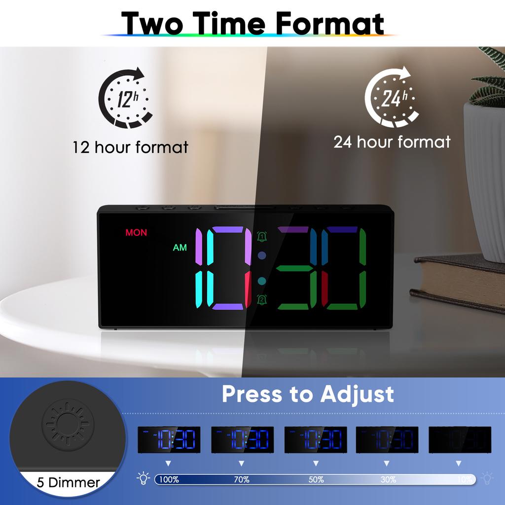 Dynamic RGB Display Alarm Clocks Dual Alarm Big Numbers Adjustable Brightness Volume Outlet Powered Digital Alarm Clocks